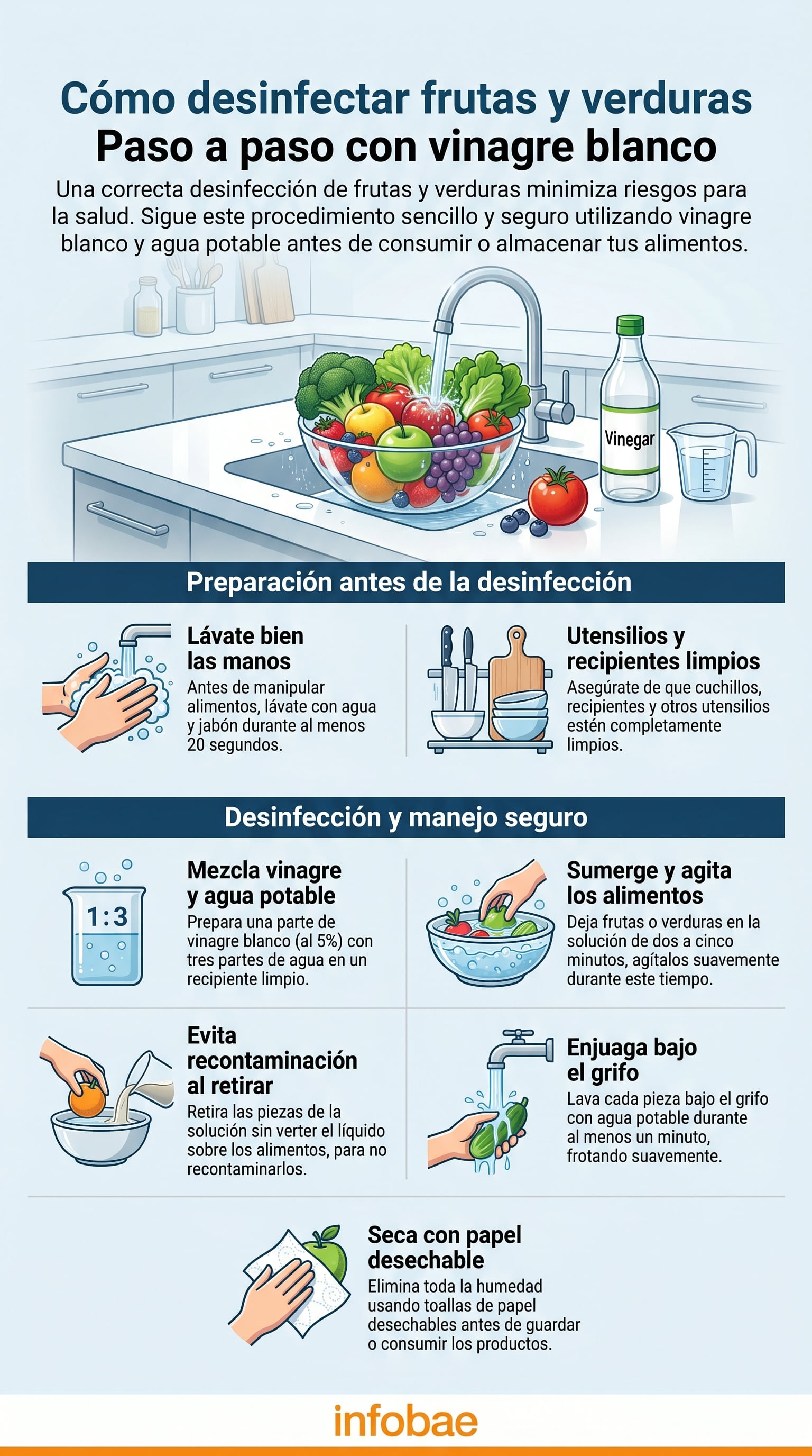 Esta guía ilustrada de Infobae detalla el proceso seguro para desinfectar frutas y verduras con vinagre blanco y agua, minimizando riesgos para la salud. (Imagen Ilustrativa Infobae)