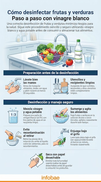 Infografía detallada sobre la desinfección de frutas y verduras con vinagre blanco, mostrando pasos desde lavado de manos hasta secado final.