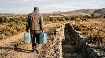 Un hombre de espaldas camina por un camino de tierra llevando dos garrafas azules junto a un canal de mampostería seco.