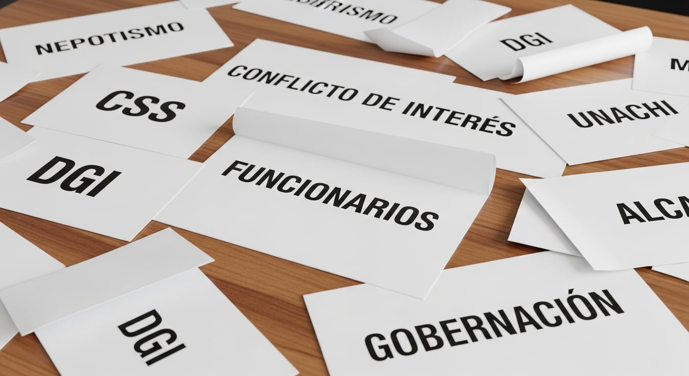 Documentos impresos con los términos nepotismo, conflicto de interés, funcionarios, y nombres de instituciones públicas envueltas en temas de ética y transparencia en la administración pública. (Imagen Ilustrativa Infobae)