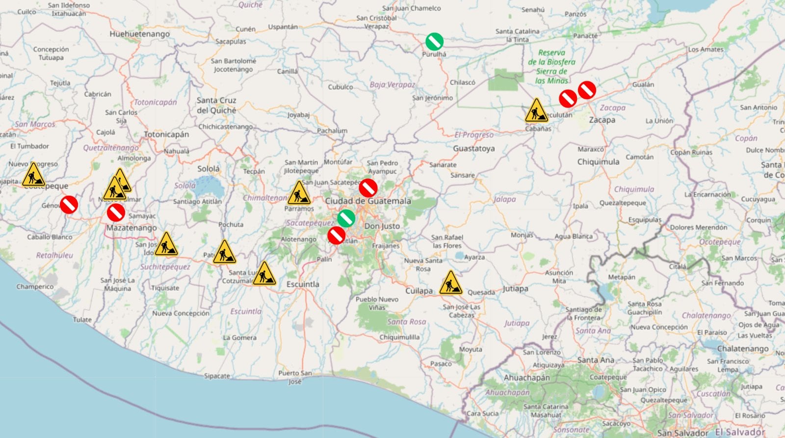 Un mapa de Guatemala ubica los puntos con trabajos de mantenimiento y cierres en la red vial del país. (Provial Guatemala)