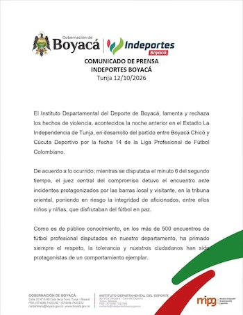 La primera parte del comunicado del Indeportes Boyacá sobre los desmanes en el partido entre Chicó y Cúcuta - crédito Indeportes Boyacá