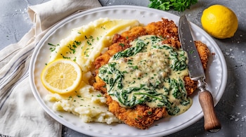 Plato blanco con milanesa de pollo apanada, puré de patatas, salsa de espinacas con crema, rodaja y limón entero, cuchillo de mesa, servilleta y perejil.