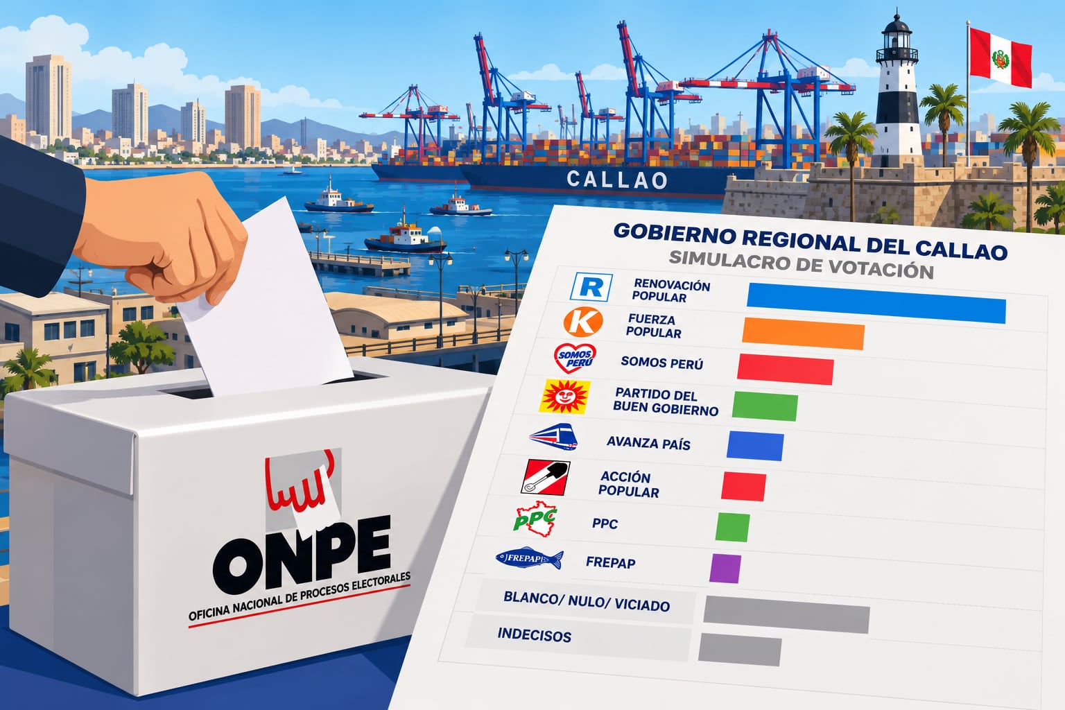 Un gráfico sobre el simulacro de votación para el Gobierno Regional del Callao presenta los resultados de intención de voto frente a una urna de la ONPE. (Imagen Ilustrativa Infobae)