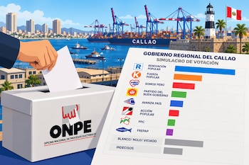 Una mano deposita un sobre en una urna de la ONPE junto a una hoja con un gráfico de barras y el puerto del Callao de fondo