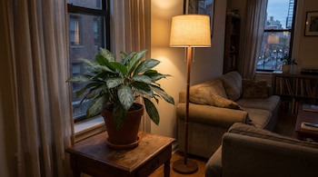 Planta aglaonema en maceta sobre una mesa de madera junto a una ventana. Una lámpara de pie ilumina la escena, con un sofá y estantería al fondo en un apartamento con poca luz.