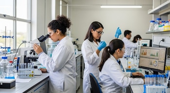 Tres científicas peruanas con batas blancas y gafas de seguridad trabajan en un laboratorio: una usa un microscopio, otra manipula muestras y la tercera usa un ordenador.