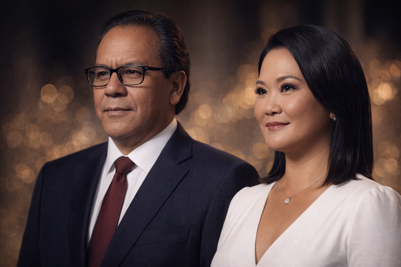 Keiko Fujimori y Roberto Sánchez, figuras destacadas de la política peruana, posan para un retrato profesional en un ambiente elegante. (Imagen Ilustrativa Infobae)