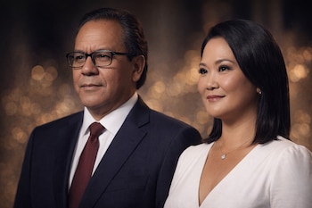 Keiko Fujimori, con blusa blanca y collar, y Roberto Sánchez, con traje oscuro y corbata roja, en primer plano con un fondo de luces doradas difusas.