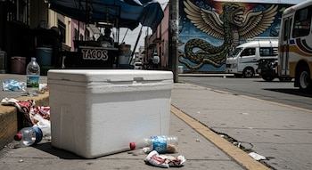 Vista a nivel de calle de una hielera de unicel blanca rodeada de botellas de plástico y envolturas en una acera. Al fondo, un puesto de tacos y un mural de una serpiente alada en Tulpetlac.
