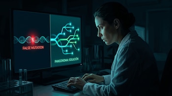 Una mujer con bata de laboratorio frente a un monitor que exhibe una cadena de ADN y un diagrama ramificado con textos en la pantalla.