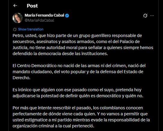 María Fernanda Cabal contestó al mensaje de Gustavo Petro sobre el Centro Democrático - crédito @MariaFdaCabal