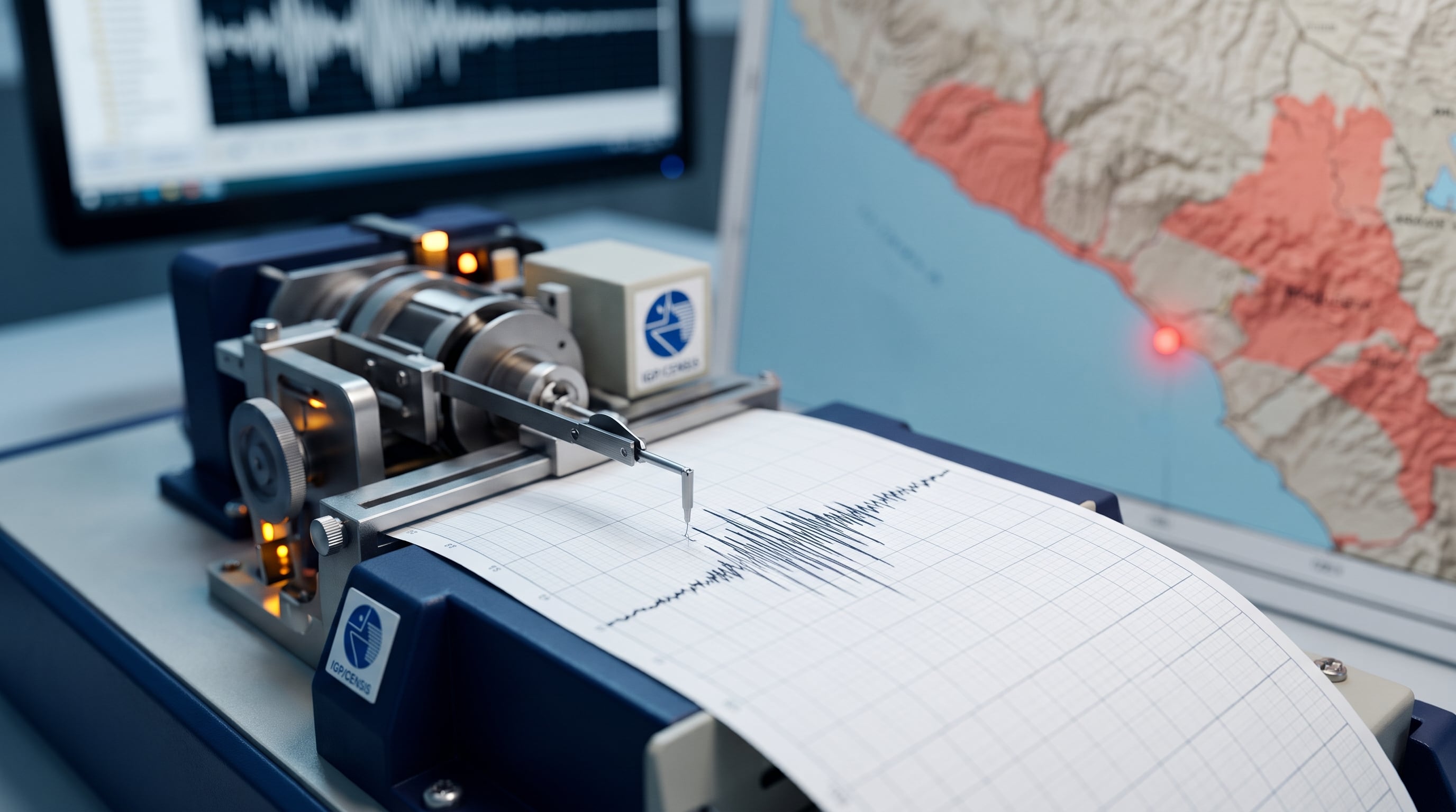 Un sismógrafo del IGP registra oscilaciones sobre papel continuo junto a un mapa que señala un movimiento telúrico frente a la costa de Ilo. (Imagen Ilustrativa Infobae)