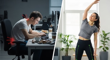 Imagen dividida mostrando a un hombre encorvado frente a una computadora en un entorno oscuro, y a una mujer sonriente estirándose en un espacio luminoso.