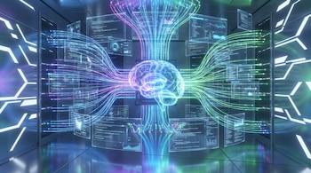 Imagen de un cerebro digital brillante en el centro, rodeado de pantallas flotantes con códigos y gráficos, conectado por haces de luz de colores neón en un entorno tecnológico.