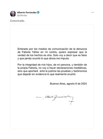 El comunicado de Alberto Fernández