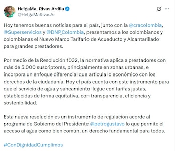 Helga Rivas, ministra de Vivienda, dijo que ahora se permite el acceso al agua como bien común, un derecho fundamental para todos - crédito @HelgaMaRivasAr/X