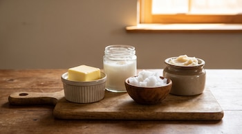 Tabla de madera con mantequilla en un cuenco blanco, manteca de cerdo en un frasco de vidrio, aceite de coco en un cuenco de madera y sebo en una olla de cerámica.