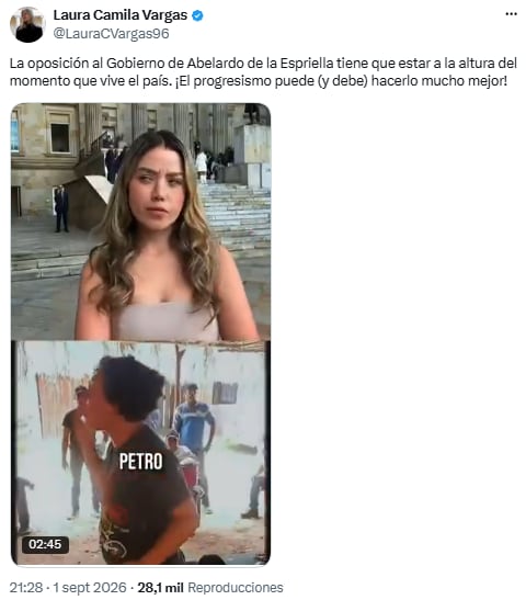 Isabel Zuleta rechazó que se refieran a Gustavo Petro como expresidente y Laura Camila Vargas le respondió en X - crédito @LauraCVargas96/X