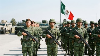 Soldados del Ejército Mexicano en formación con uniformes de camuflaje pixelado, rifles, boinas y cascos. Vehículos militares y bandera de México ondeando.