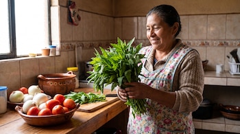 Una mujer con delantal sostiene un manojo de epazote junto a recipientes con tomates, cebollas y una vasija de barro en una cocina.