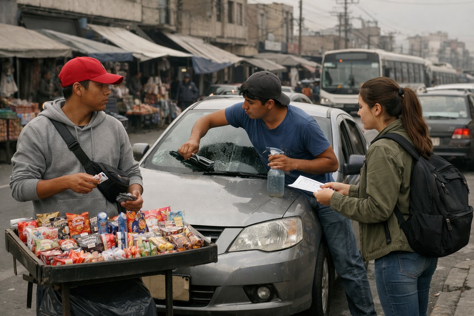 La informalidad laboral juvenil se presenta en una concurrida calle latinoamericana, con jóvenes dedicados a la venta ambulante y la limpieza de vehículos. (Imagen Ilustrativa Infobae)