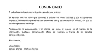 Documento blanco con el título "COMUNICADO" en letras mayúsculas negras, seguido de un texto detallando el estado de salud de Bárbara Torres