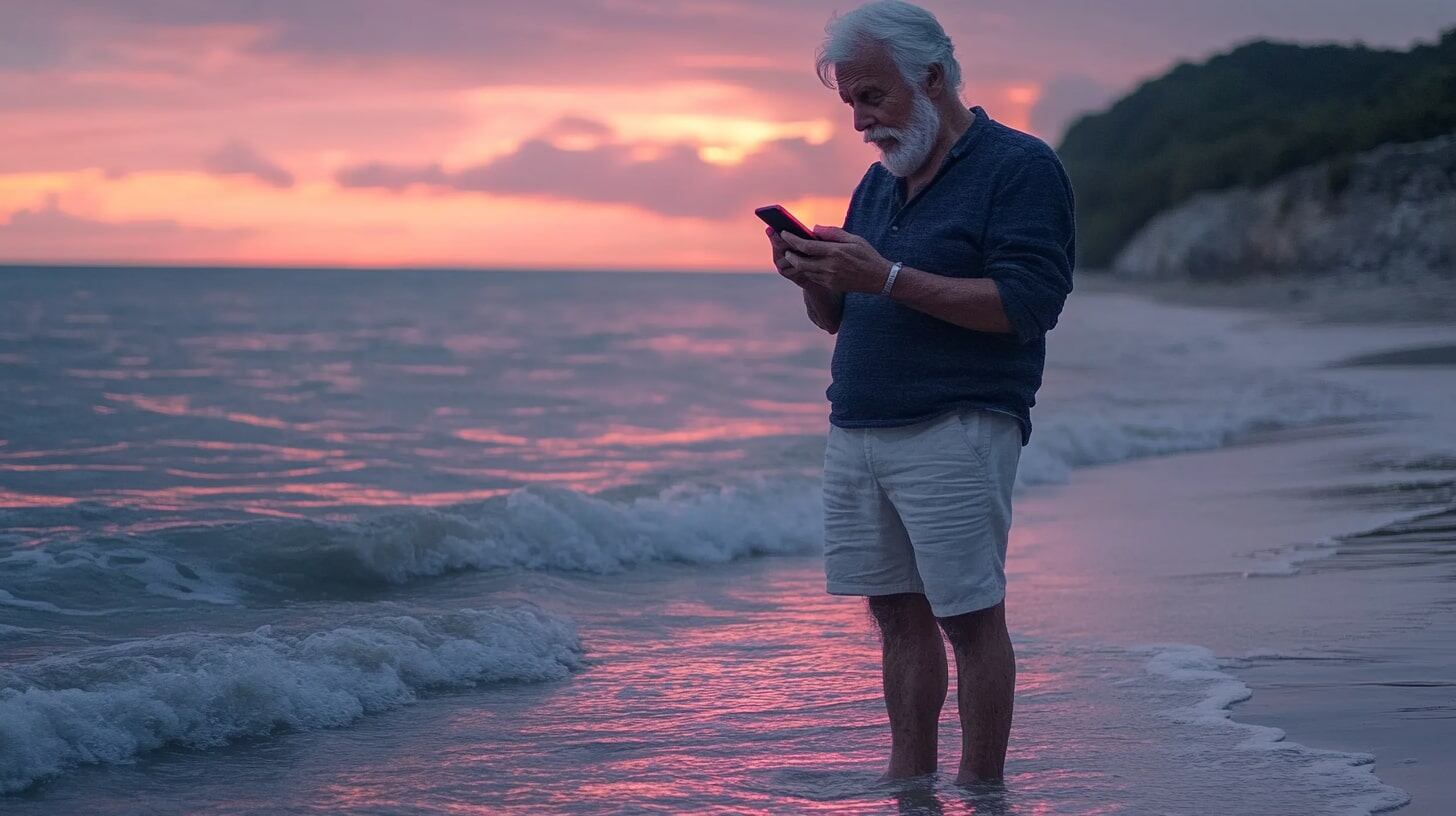 Anciano sonriente frente al mar mientras mira su teléfono móvil, disfrutando de un hermoso atardecer sobre el océano. - (Imagen Ilustrativa Infobae)