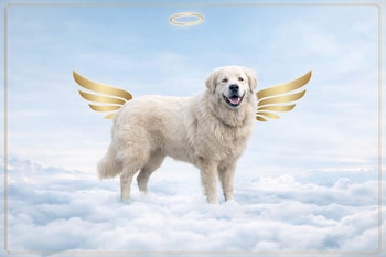 Un perro grande de pelaje blanco con alas doradas y una aureola dorada flota sobre nubes blancas. Un marco dorado bordea la imagen.