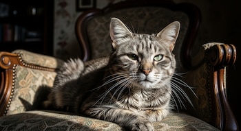Gato atigrado grisáceo con grandes bigotes blancos y ojos verdes, recostado en un sillón antiguo de madera tallada y tapicería estampada, iluminado por luz solar.
