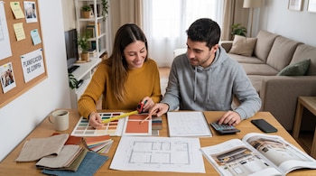 Una mujer y un hombre sentados junto a una mesa con muestras textiles, cartas de color, planos, una calculadora y notas.
