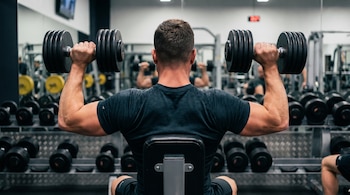 Vista posterior de un hombre sentado en un banco de gimnasio, levantando mancuernas pesadas por encima de los hombros. Sus hombros musculosos son prominentes.