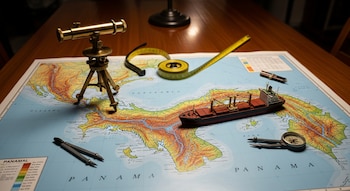 Mapa de Panamá sobre mesa de madera. Telescopio, cinta métrica enrollada, dos bolígrafos, compás, brújula y maqueta de barco carguero.
