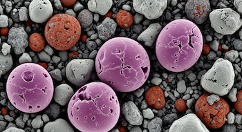 Primer plano de múltiples partículas minerales redondeadas y esféricas en tonos morados, rojizos y grises sobre un fondo de grava oscura.