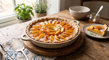 Tarta de duraznos en molde de cerámica sobre mesa de madera, con una porción cortada en un plato, una espátula y plantas al fondo.