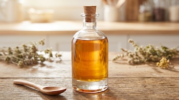 Botella de vidrio con líquido dorado y tapón de corcho, una cuchara de madera y plantas secas sobre una mesa de madera.