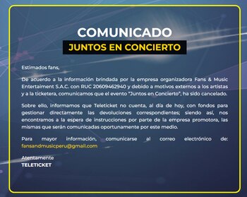 Comunicado de Teleticket. (Foto: Captura
