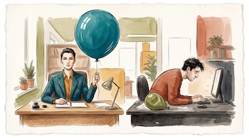 Ilustración de dos trabajadores en escritorios: una persona erguida sostiene un globo azul grande y otra persona encorvada mira un monitor.