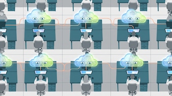 Oficina con escritorios en cuadrícula. Personas trabajan en computadoras. Nubes digitales translúcidas con ojos y circuitos conectan los escritorios.