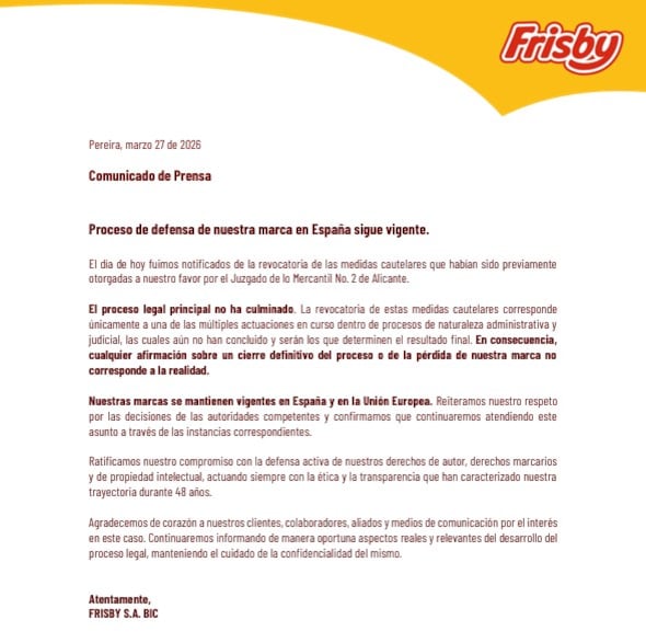 La titularidad y vigencia de las marcas de FRISBY S.A. BIC se mantienen en España y en la Unión Europea, según informó la marca colombiana en un comunicado - crédito cortesía Frisby