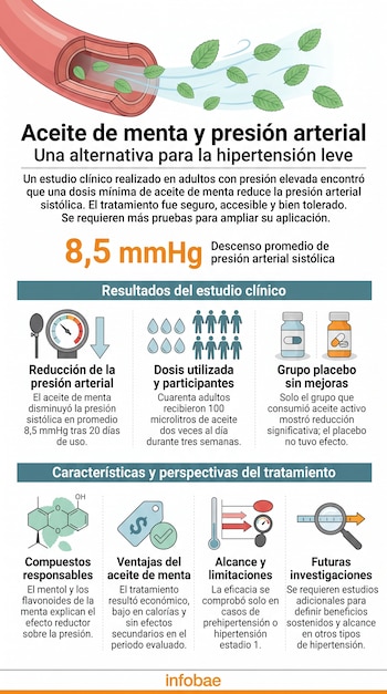 Infografía explicativa con texto, un vaso sanguíneo, hojas de menta, frascos de medicina y gráficos sobre el aceite de menta.