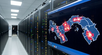 Interior de un centro de datos con pasillos de servidores y luces LED rojas, azules y verdes. Una pantalla muestra el mapa de Panamá con zonas rojas parpadeantes.
