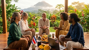 Cinco personas sentadas en una terraza de madera con mesa, tazas de café, frutas tropicales, una bandera de Costa Rica, una laptop y un volcán al fondo.