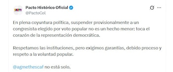 Pacto Histórico sale al choque tras suspensión de Agmeth Escaf por parte de la Procuraduría - crédito @PactoCol/X