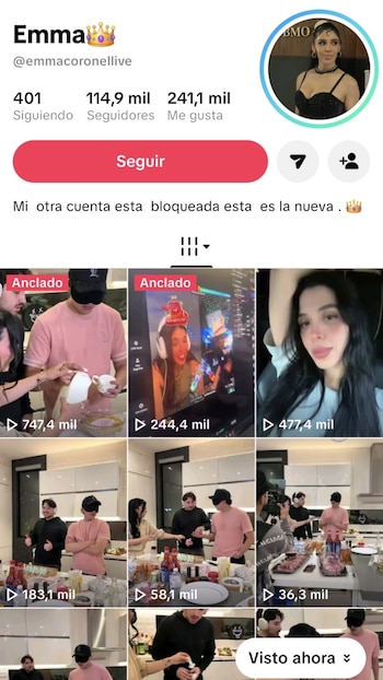 Captura de pantalla del perfil de TikTok @emmacoronellive, con foto de perfil, métricas de seguidores y una cuadrícula de videos