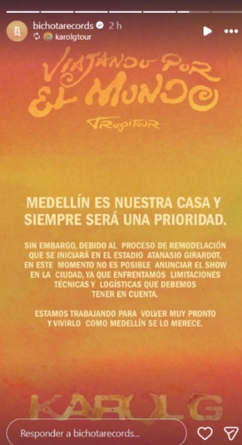 La ausencia de Medellín en el itinerario de la gira mundial de Karol G generó inconformidad entre sus seguidores locales - crédito @bichotarecords / Instagram