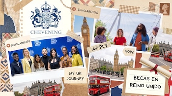 Collage con el escudo real británico, personas estudiantes, edificios históricos de Londres, autobuses de dos pisos y textos sobre becas.