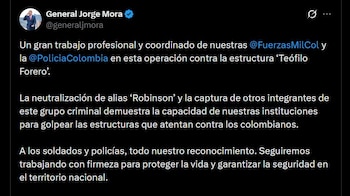 El ministro de Defensa, Jorge Mora, resaltó la labor coordinada entre las Fuerzas Militares y la Policía Nacional - crédito @generaljmora / X