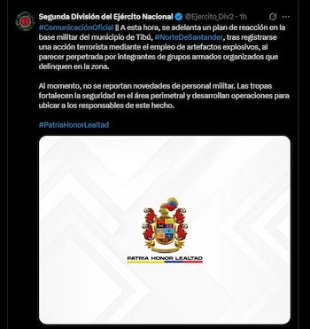 El Ejército Nacional activó un plan de reacción y contraataque en Tibú, con patrullajes y refuerzo de la seguridad en puntos críticos del municipio - crédito @Ejercito_Div2 / X