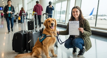 Mujer arrodillada sonríe junto a perro golden retriever con chaleco "EMOTIONAL ANIMAL". Sostiene certificado "FIT TO FLY" en aeropuerto con equipaje y aviones.